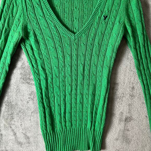 Vintage American Eagle Y2K Cable Knit V-Neck Sweater Kelly Green Size Medium - Picture 2 of 7